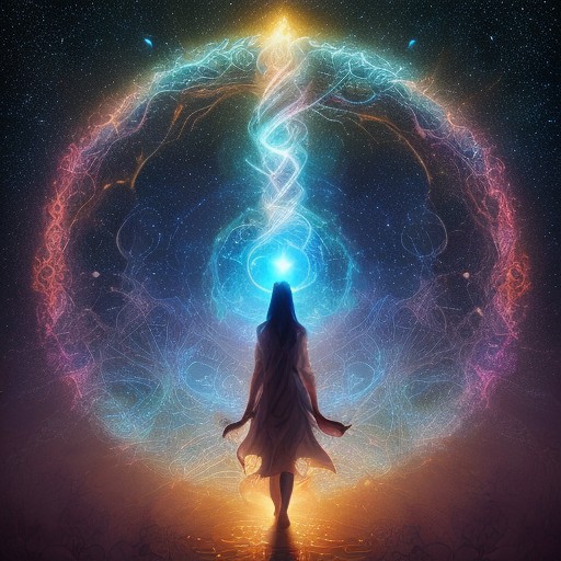 Абстрактное изображение внутреннего духовного пути с сияющими световыми дорожками вокруг спокойной человеческой фигуры