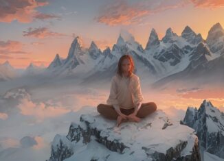 Человек, медитирующий на рассвете, символизирующий начало духовного пути и преодоление препятствий