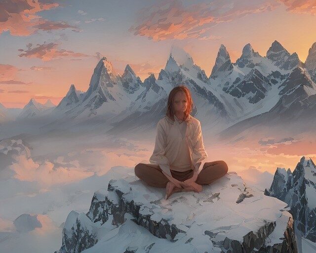 Человек, медитирующий на рассвете, символизирующий начало духовного пути и преодоление препятствий