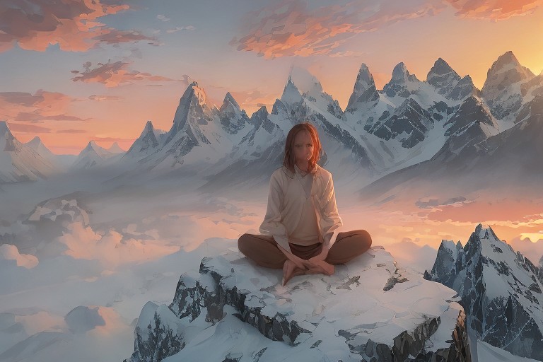 Человек, медитирующий на рассвете, символизирующий начало духовного пути и преодоление препятствий