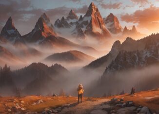 Человек идет по тропе в тумане к яркому свету, символизируя начало духовного пути